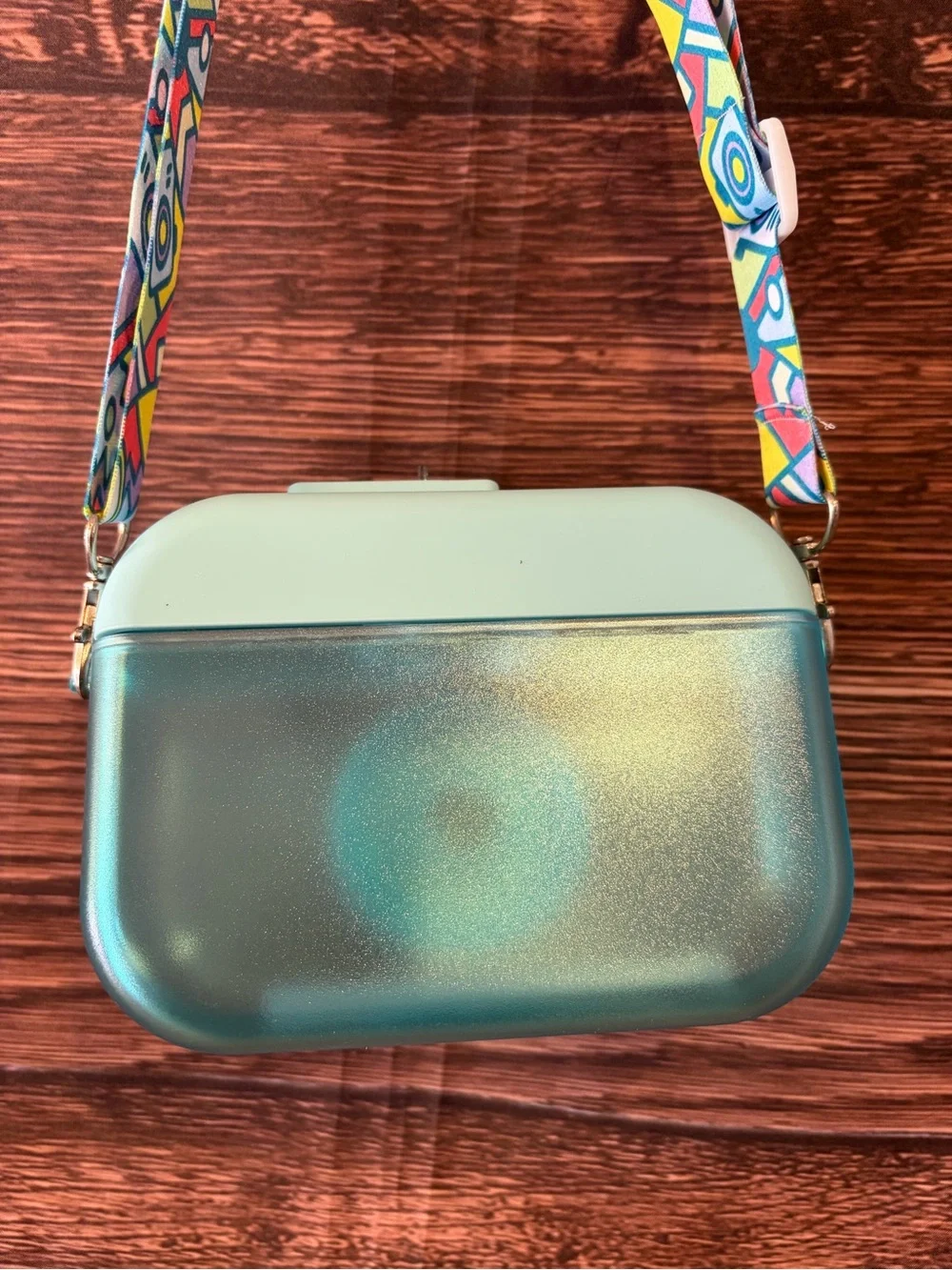 Canteen- water bottle Mint & Teal Camera design with Patterned Strap